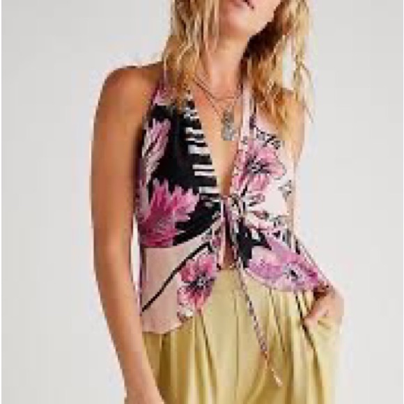 Free People XSm Top Hot Tropics Floral Dark Combo Cinched Halter Racerback NWT - Picture 3 of 9